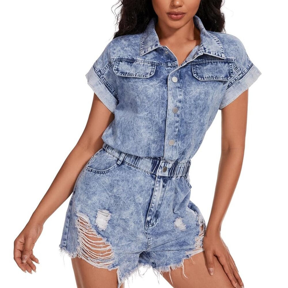 WILD JUNKIE Light-Wash Distressed Denim Short Romper